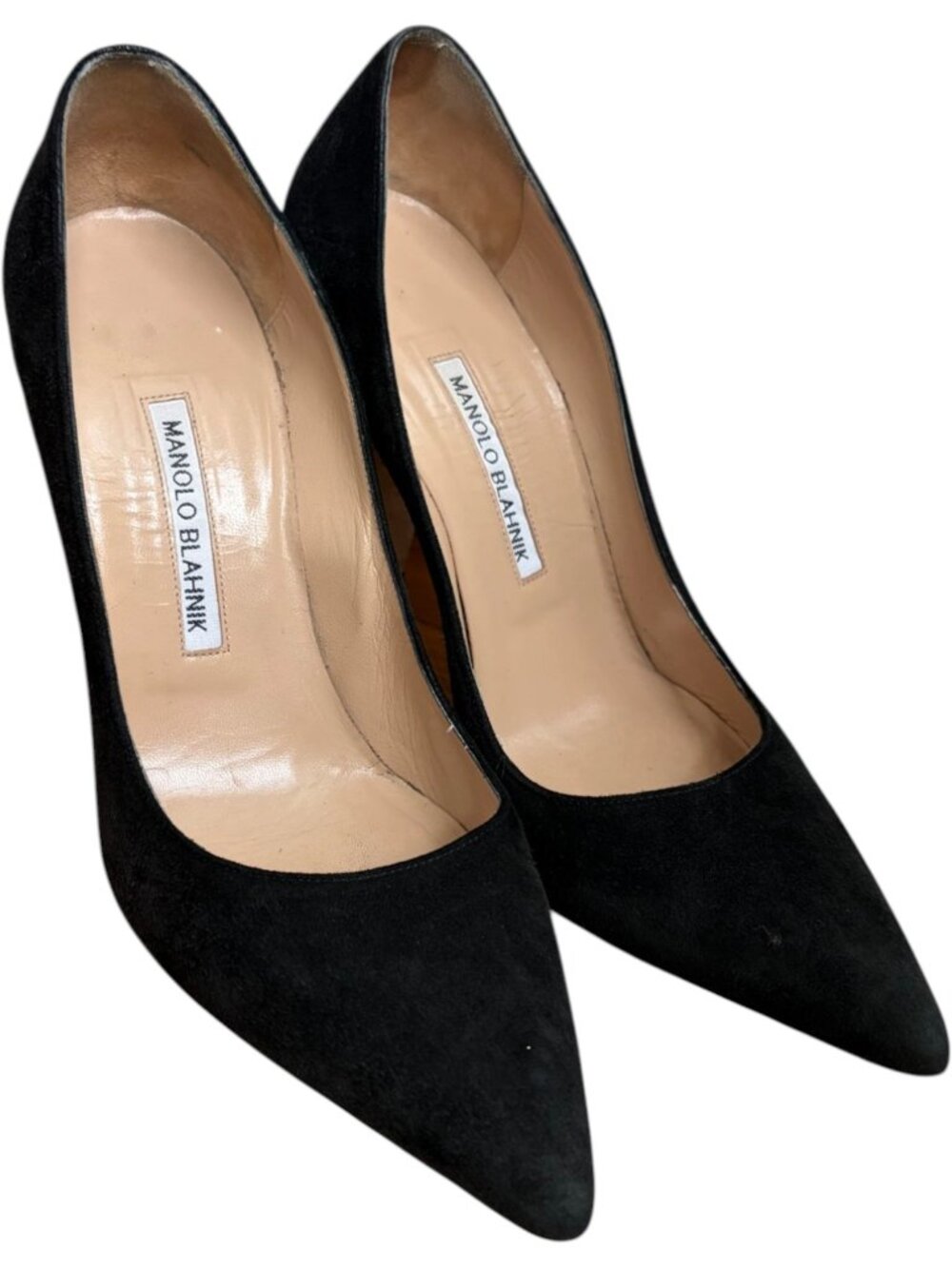 Manolo Blahnik Suede Block Heel Pointed Toe Pump Black Size 38 Leather Italy